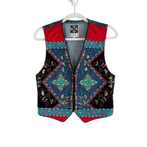 Vintage Hairston Roberson ROPA Denim Vest Women's Small‎ Floral Embroidery USA